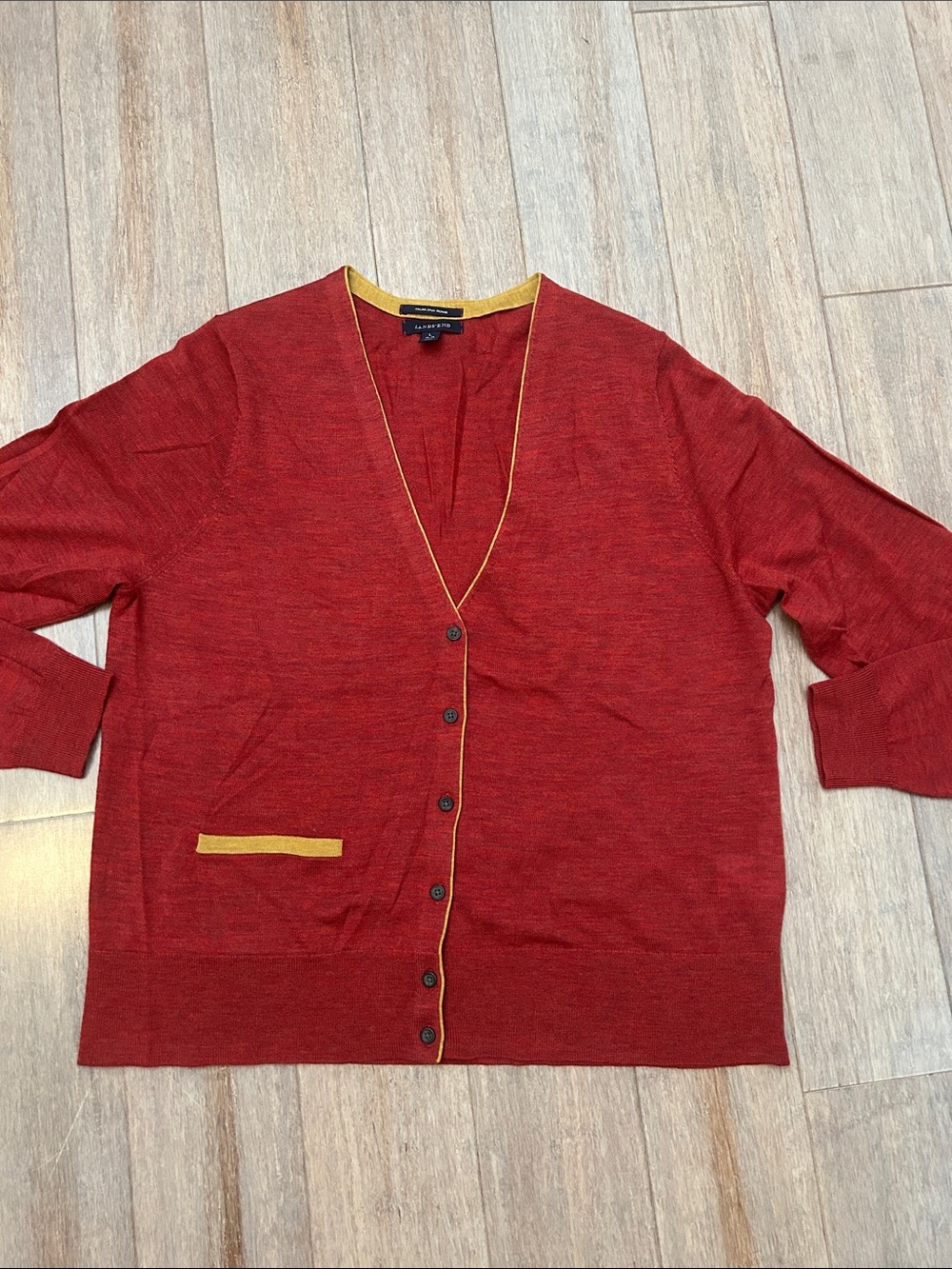 Lands' End Brick V-Neck Cardigan with Yellow Trim Italian Spun Merino L
